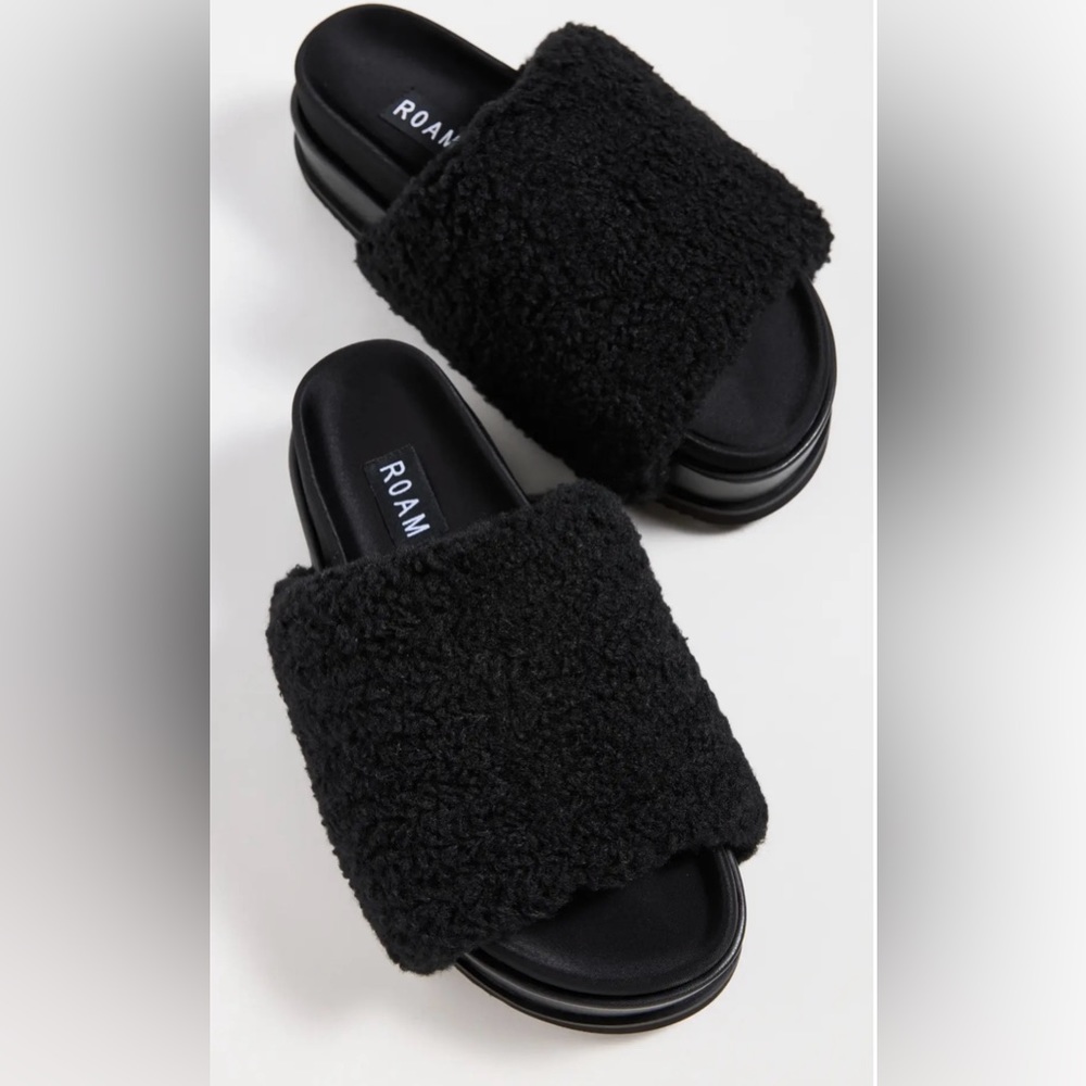 Roam Womens Faux Fuzzy Platform Slides Sandals Black Size 10US 40EU
